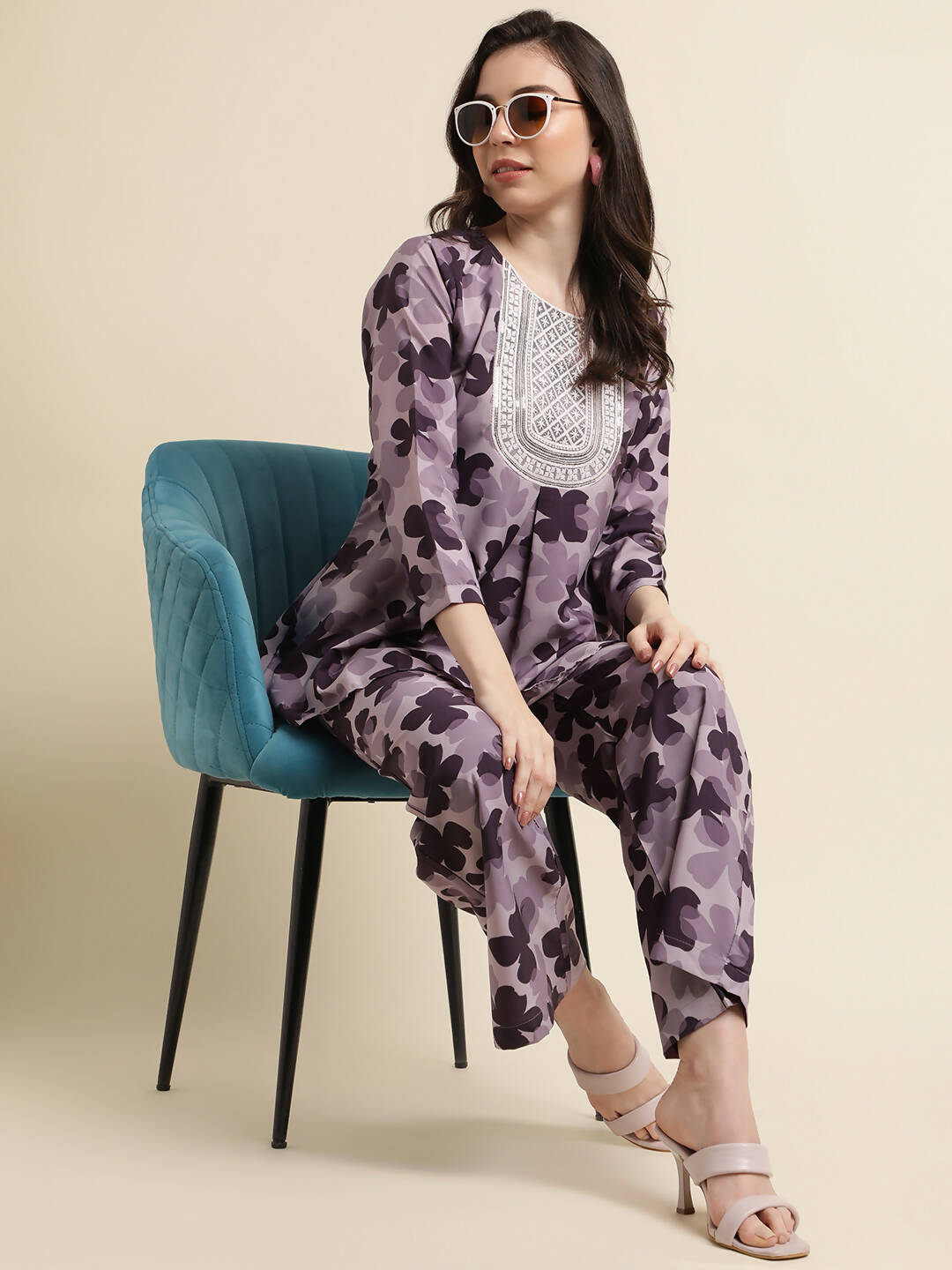 Purple Poly Crepe Digital Printed Top with Matching Bottom - Preeti - Distacart