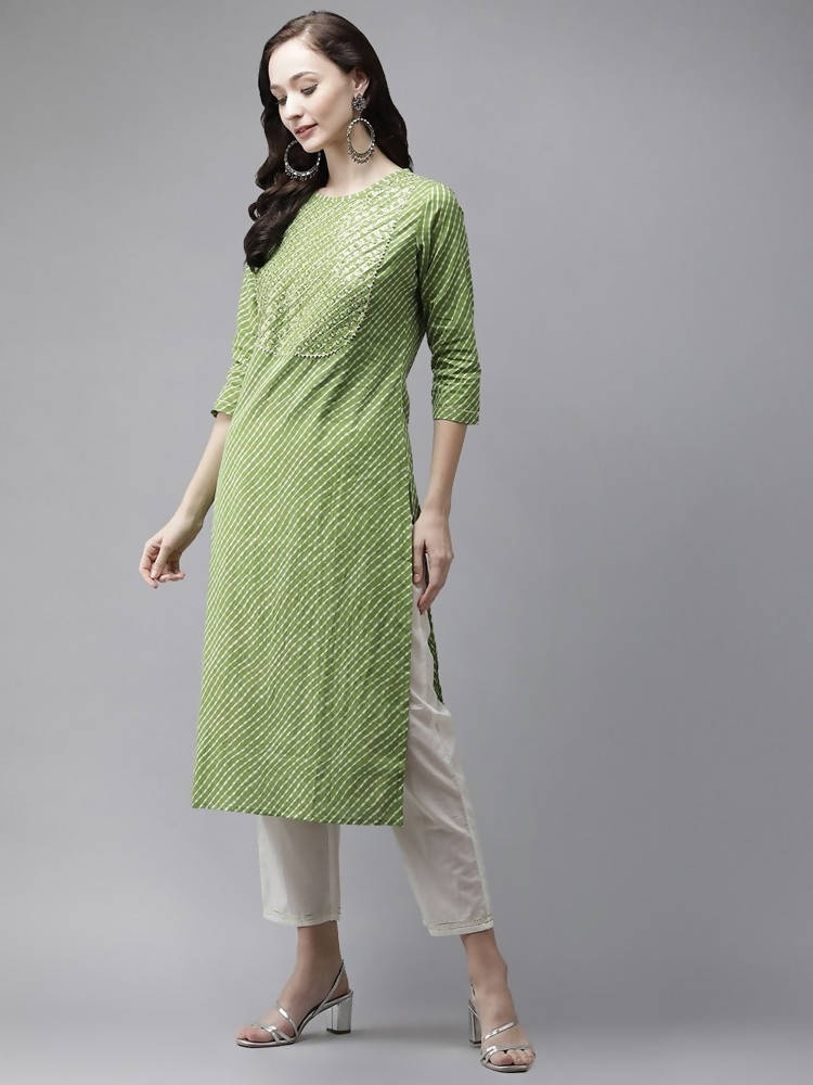 Yufta Women Green And White Bandhani print Kurta with Trouser Set