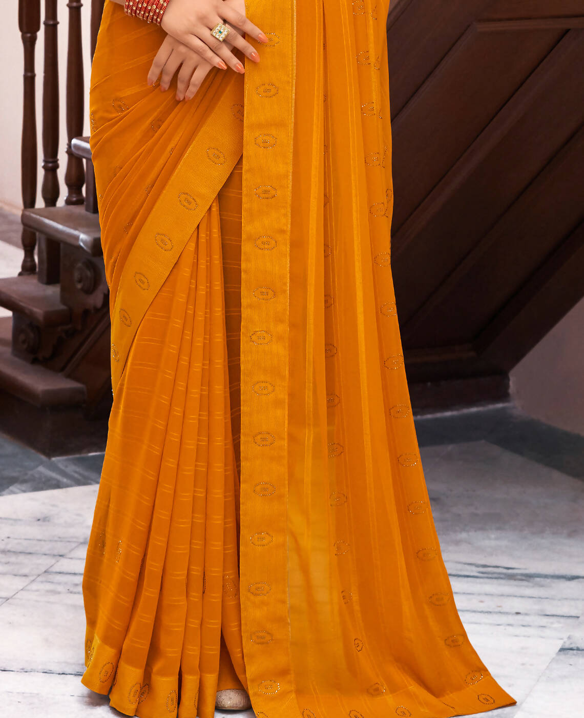 Mustard Georgette Swaroski Work Saree With Unstitched Blouse Piece - Juhi - Distacart