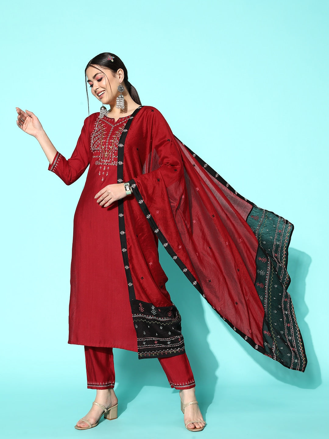 Sangria Women Maroon Ethnic Motifs Embroidered Thread Work Kurta With Trousers & Dupatta - Distacart