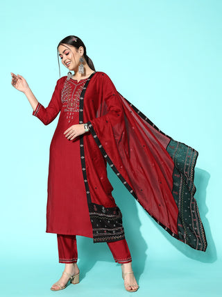 Sangria Women Maroon Ethnic Motifs Embroidered Thread Work Kurta With Trousers & Dupatta - Distacart