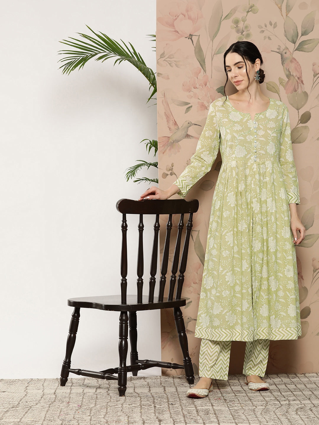 Kalini Ethnic Motifs Printed Thread Work Pure Cotton Kurta With Trousers - Distacart