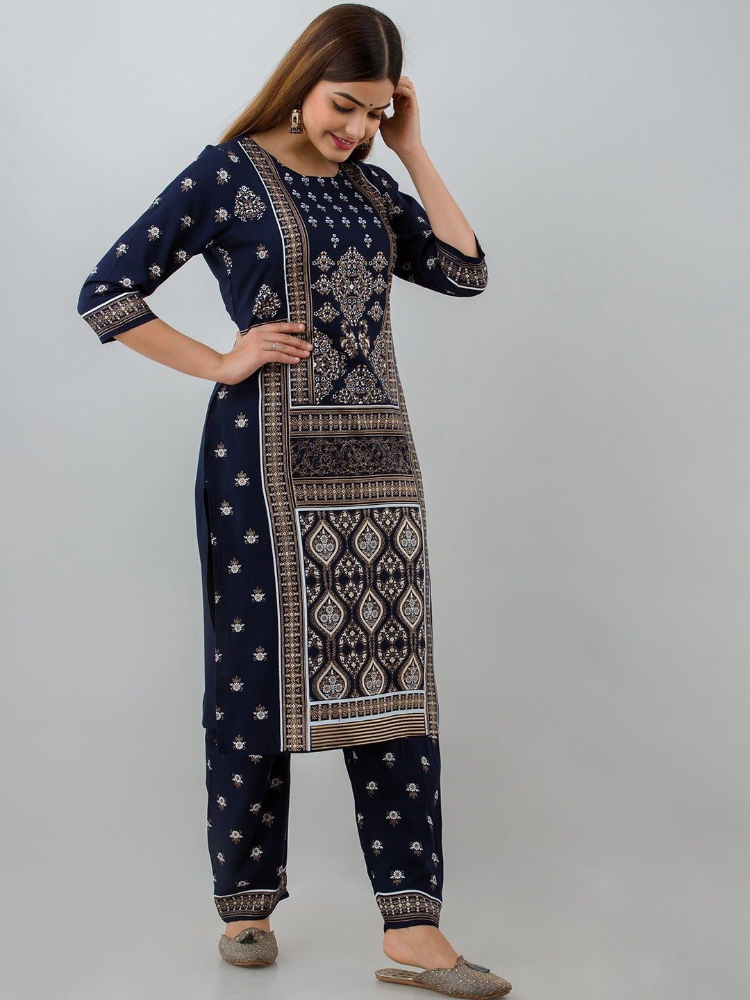 HERE&NOW Navy Blue Ethnic Motifs Printed Kurta with Trousers - Distacart