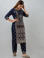 Thumbnail for HERE&NOW Navy Blue Ethnic Motifs Printed Kurta with Trousers - Distacart