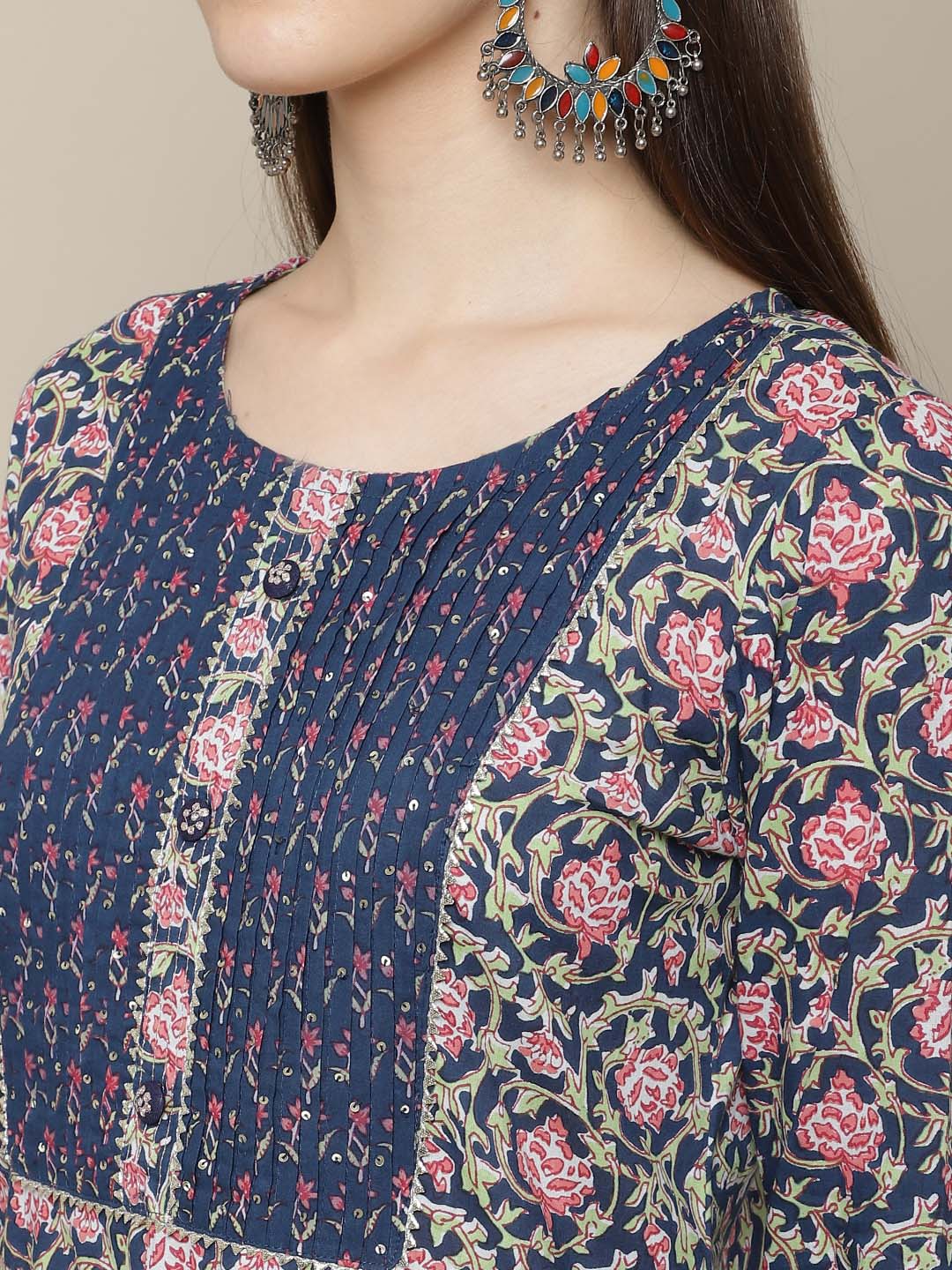 Sangria Women Navy Blue Floral Printed Pure Cotton Kurti with Trousers & With Dupatta - Distacart