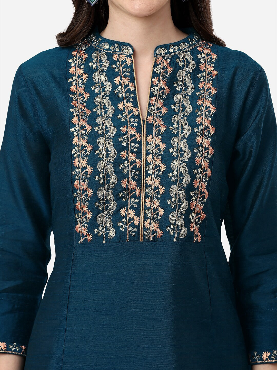 HERE&NOW Mandarin Collar Floral Embroidered A-Line Regular Fit Silk Kurta - Distacart