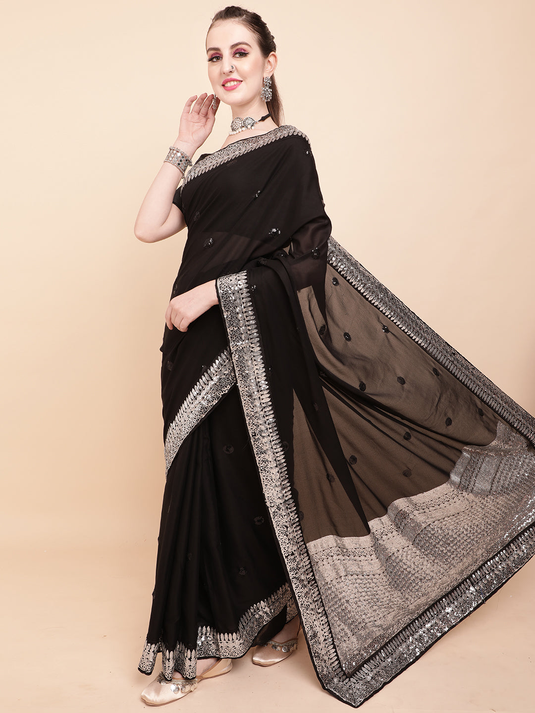 Sangria Black & Silver-Toned Embellished Sequinned Pure Georgette Saree - Distacart