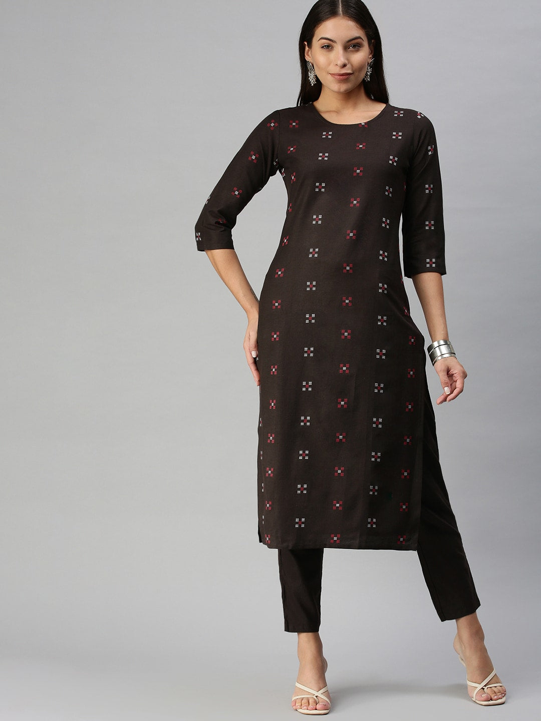 Kalini Women Coffee Brown Pure Cotton Geometric Woven Design Kurta with Trousers - Distacart