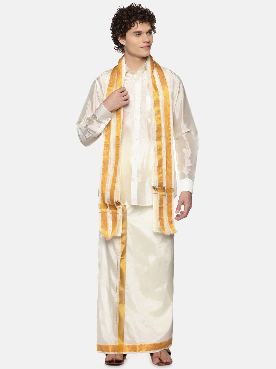 Sethukrishna Men Cream-Coloured Solid Art Silk Dhoti With Angavastram - Distacart