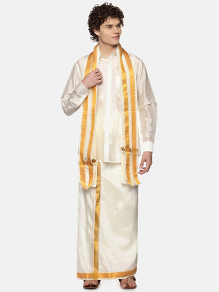 Sethukrishna Men Cream-Coloured Solid Art Silk Dhoti With Angavastram - Distacart