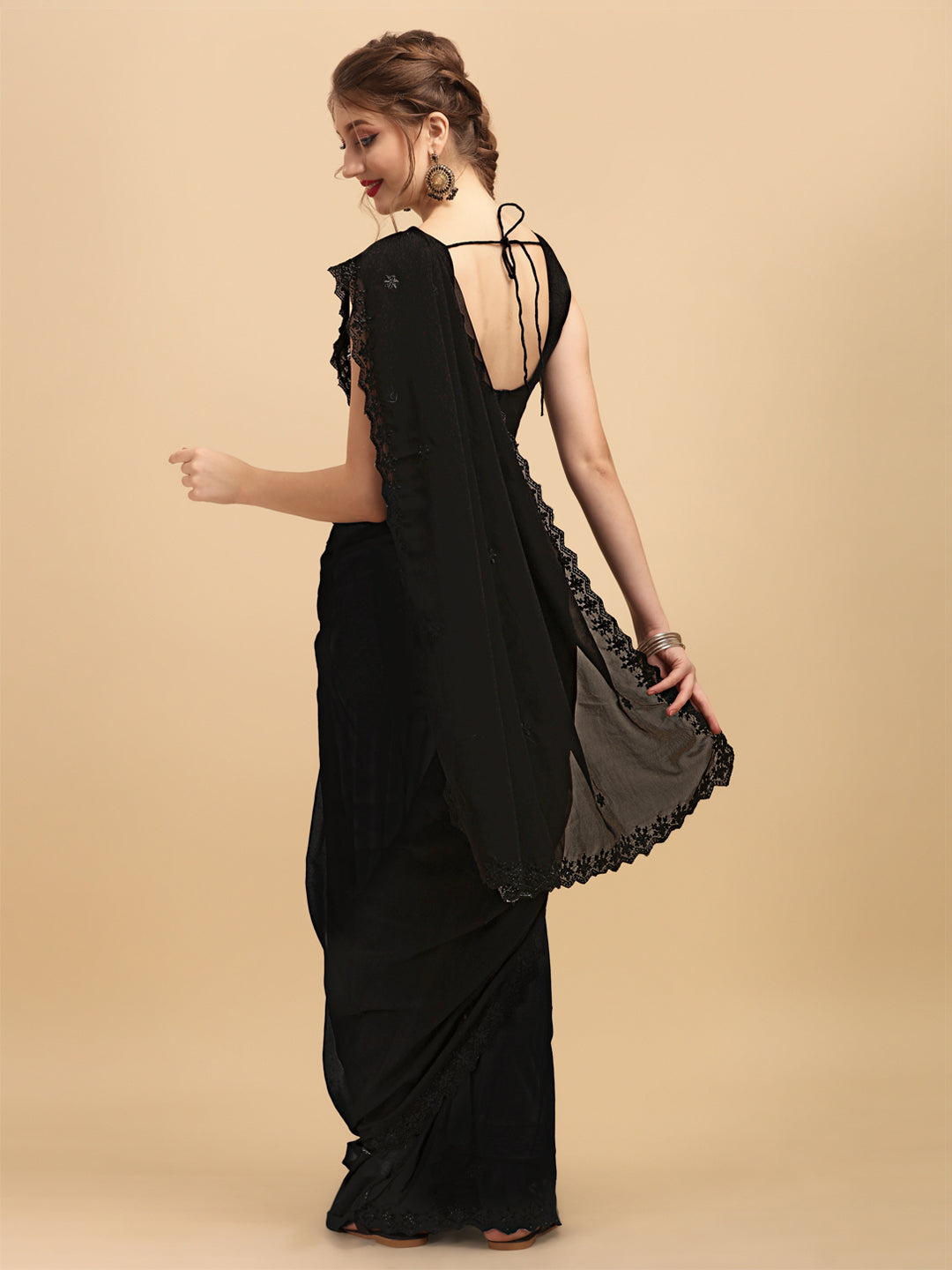 Sangria Black Embellished Sequinned Pure Georgette Saree - Distacart