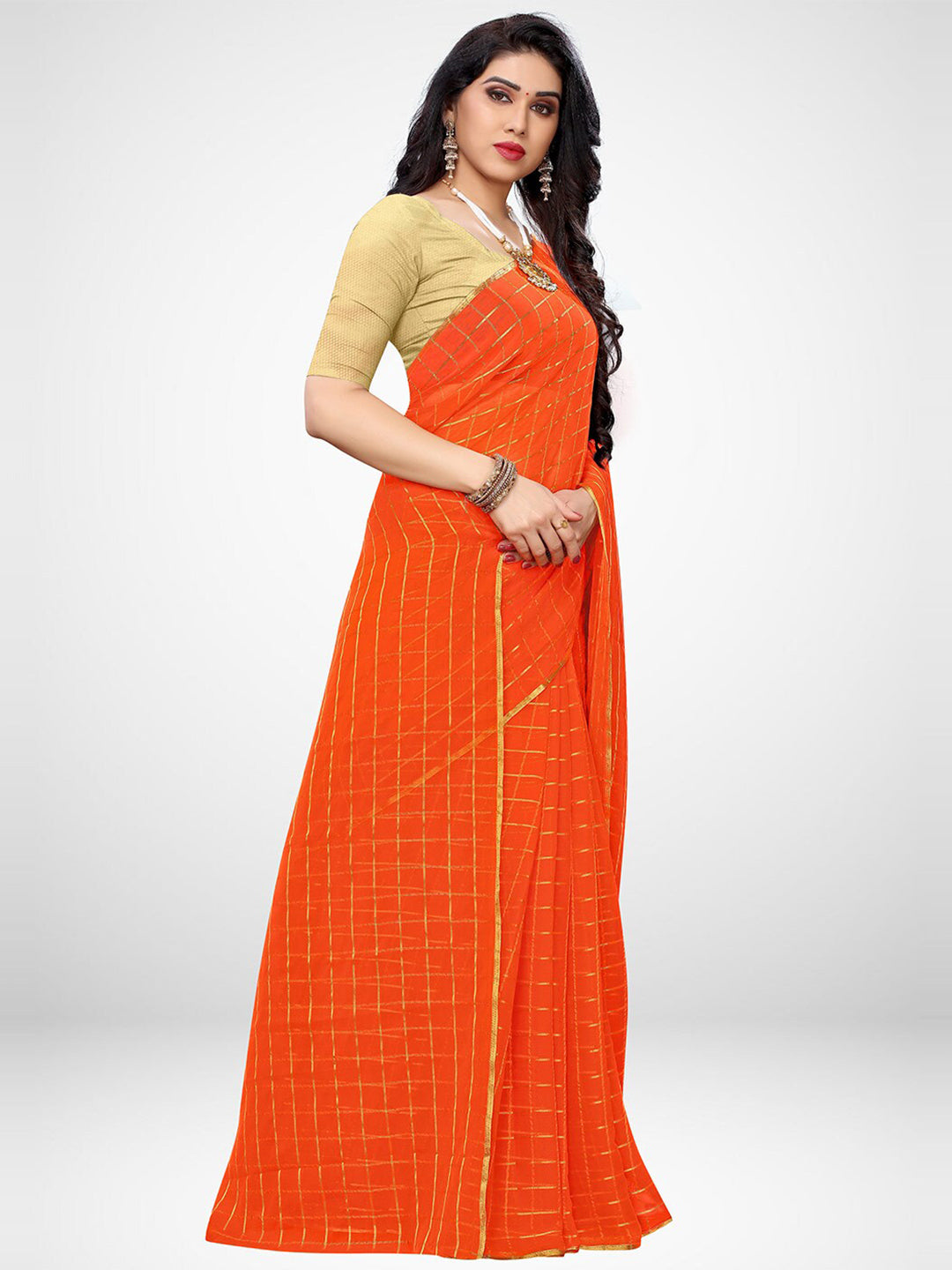 Kalini Orange & Gold-Toned Checked Chiffon Zari Saree - Distacart