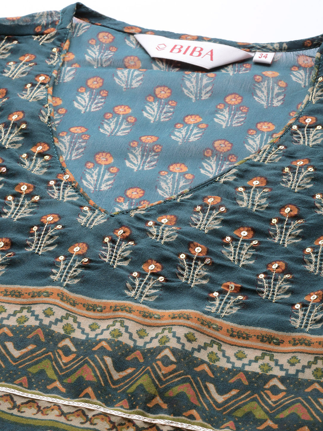 Biba Women Teal Ethnic Motifs Printed Kurta with Mask - Distacart