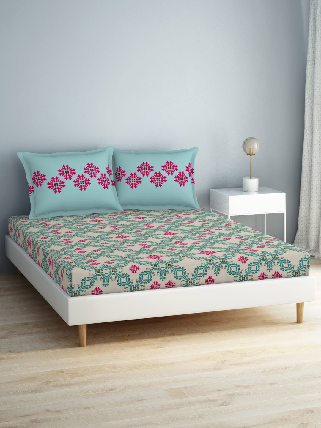 SPACES Aurum Blue Ethnic Motifs Pure Cotton 140 TC Queen Bedsheet With 2 Pillow Covers - Distacart