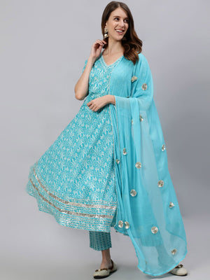 Jaipur Kurti Women Turquoise Blue Floral Printed Regular Kurta With Trousers & Dupatta - Distacart