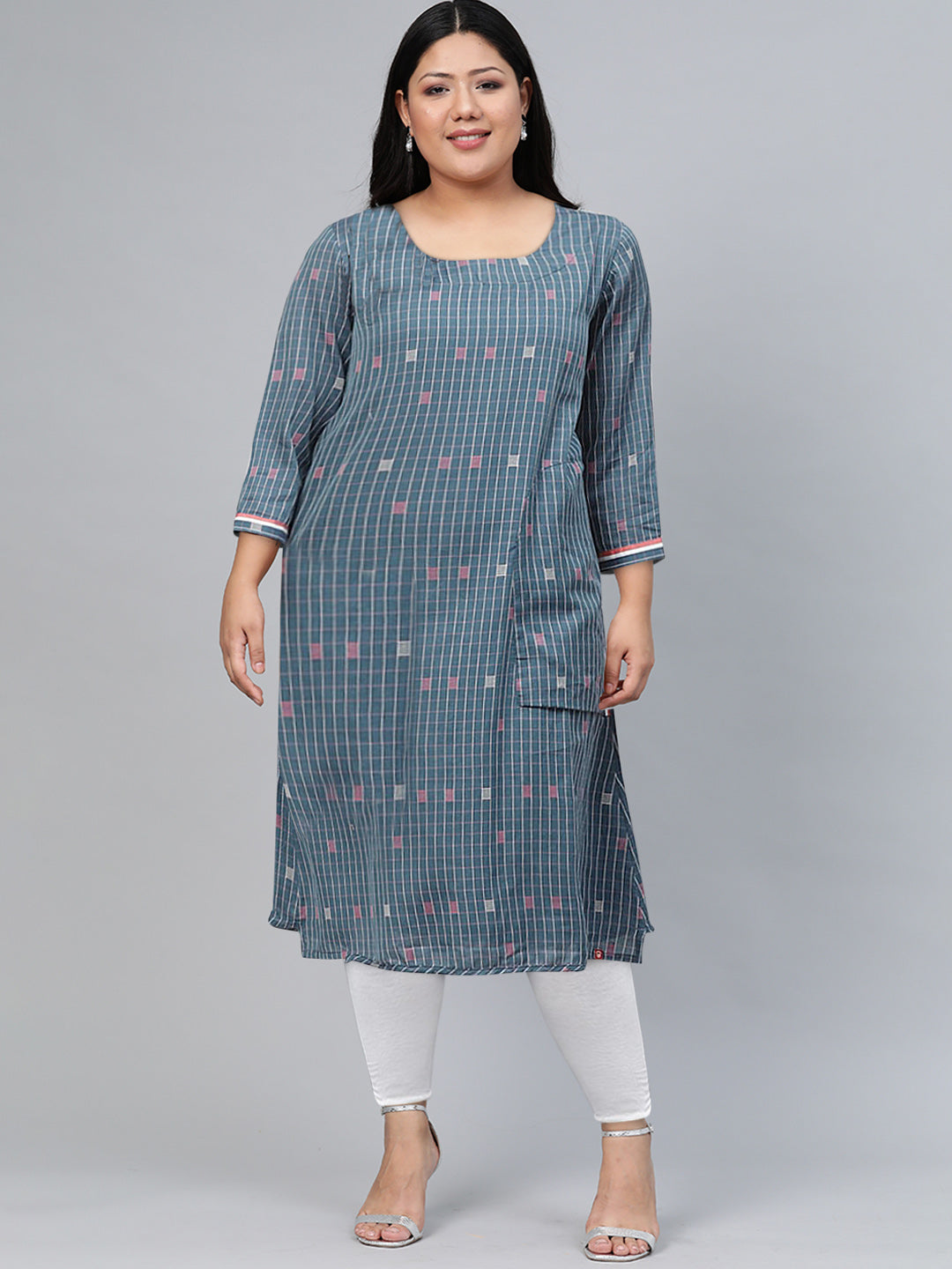 Biba Women Blue & White Checked A-Line Kurta - Distacart