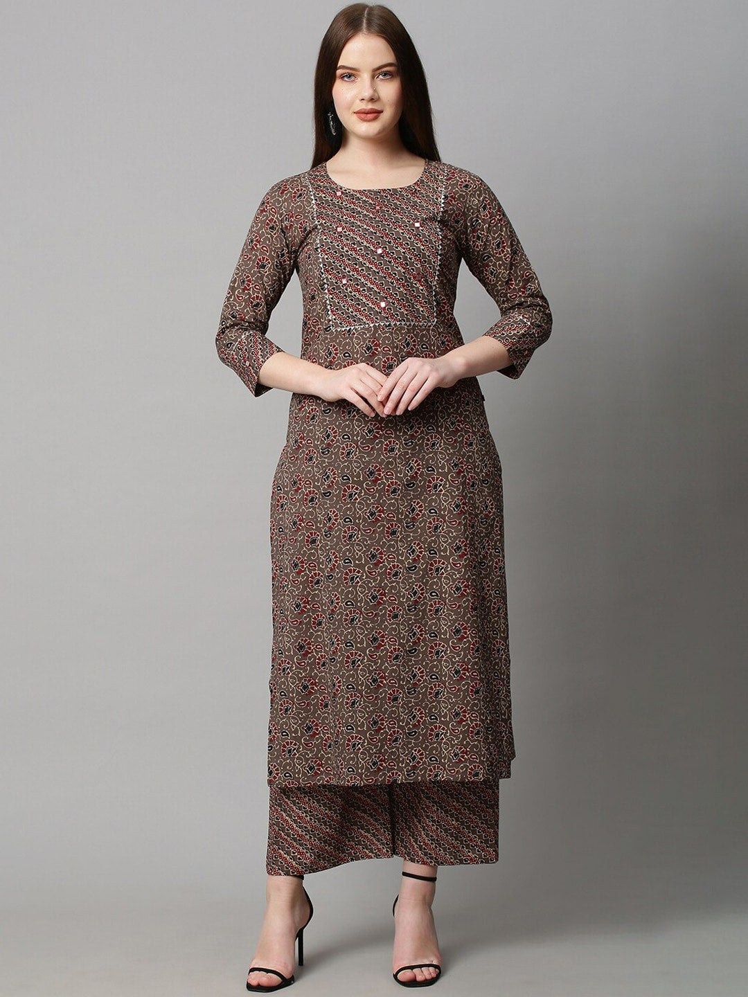 Kalini Women Brown Floral Printed Kurta with Palazzos - Distacart