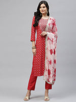 Thumbnail for HERE&NOW Women Red Embroidered Straight Kurta with Trousers & With Dupatta - Distacart