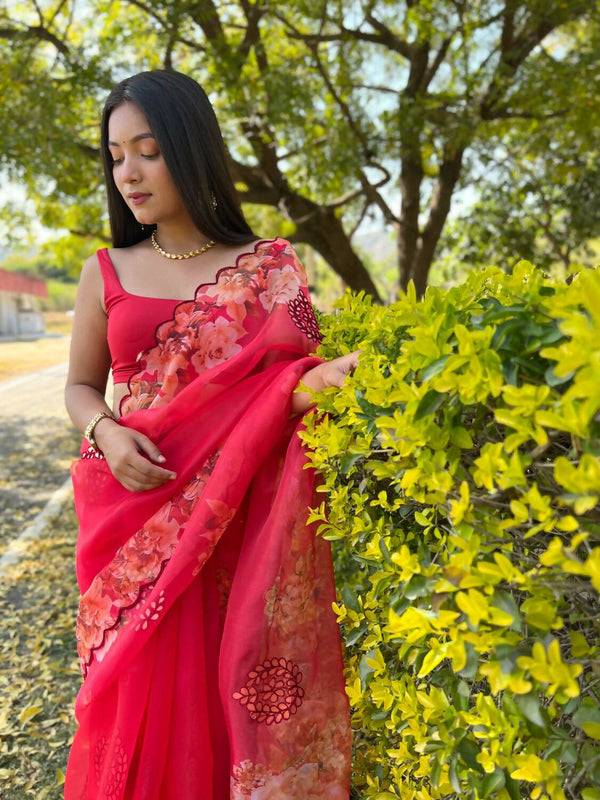 Vamsee Red Organza Saree - Distacart