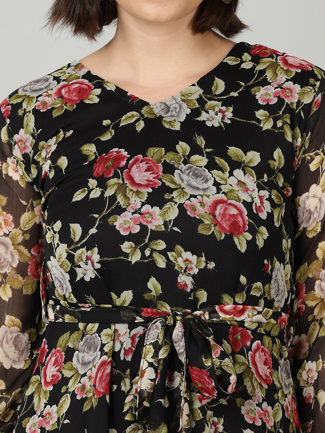 Souchii Black & Pink Floral Chiffon Midi Dress - Distacart