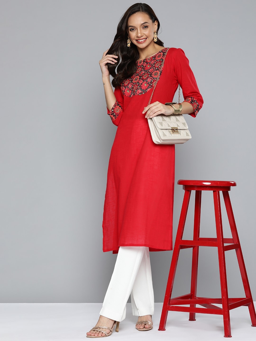 HERE&NOW Women Red & Black Yoke Design Pure Cotton Kurta - Distacart