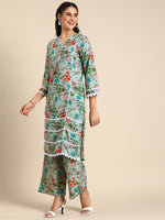 Thumbnail for Sangria Women V-Neck Floral Printed Regular Kurta with Palazzos & With Dupatta - Distacart