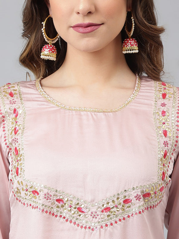 Khushal K Women Pink Floral Embroidered Sequinned Kurta with Palazzos & Dupatta - Distacart