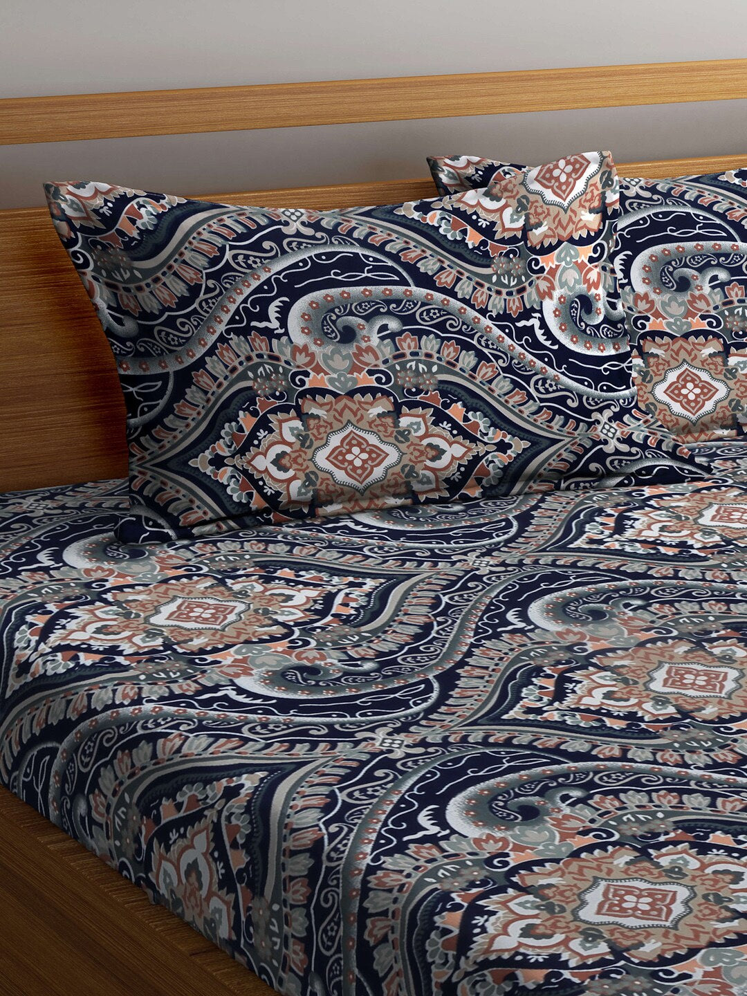KLOTTHE Blue & Brown Ethnic Motif Printed 300 TC Fitted King Bedsheet With 2 Pillow Covers - Distacart