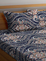 Thumbnail for KLOTTHE Blue & Brown Ethnic Motif Printed 300 TC Fitted King Bedsheet With 2 Pillow Covers - Distacart