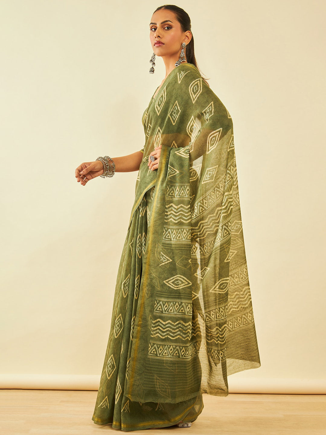 Soch Olive Green & Cream-Coloured Geometric Printed Zari Chanderi Saree - Distacart