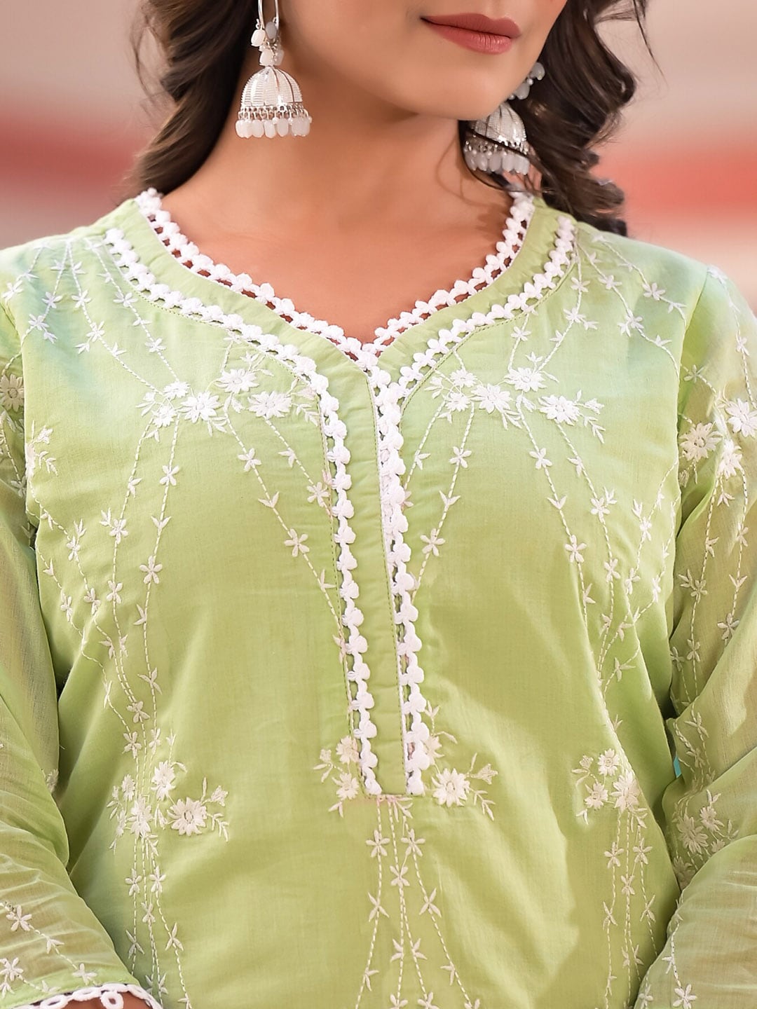 Sangria Green Embroidered Pure Cotton Straight Kurta With Trouser & Dupatta - Distacart