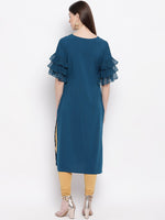 Thumbnail for Janasya Teal Blue Geometric Printed Keyhole Neck Flared Sleeves Crepe Kurta - Distacart