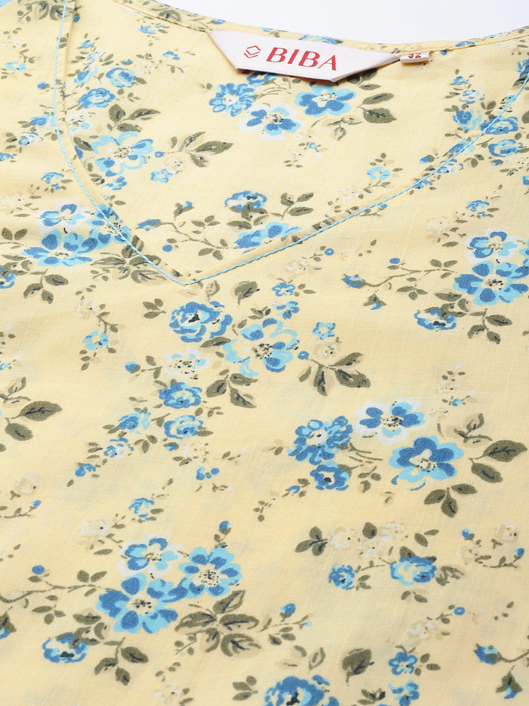 Biba Women Cream-Coloured & Blue Pure Cotton Floral Print Straight Kurta - Distacart