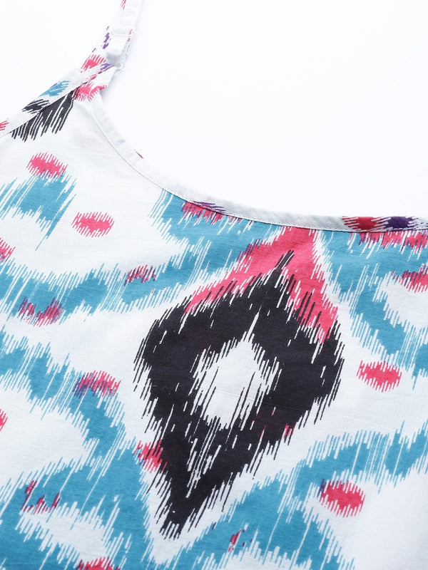Sangria Women White & Blue Pure Cotton Ethnic Motifs Printed Straight Kurta - Distacart