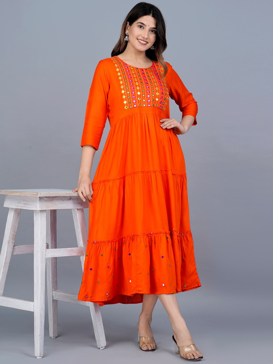 Kalini Women Embroidered Mirror Work Tiering Anarkali Kurta - Distacart