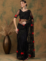 Thumbnail for Sangria Black Floral Embroidered Saree - Distacart