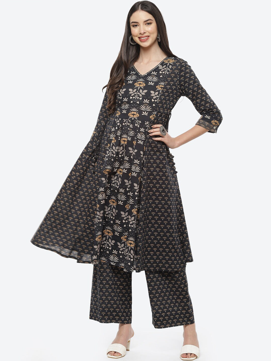 Biba Women Black Floral Printed Pure Cotton Kurta with Palazzos - Distacart