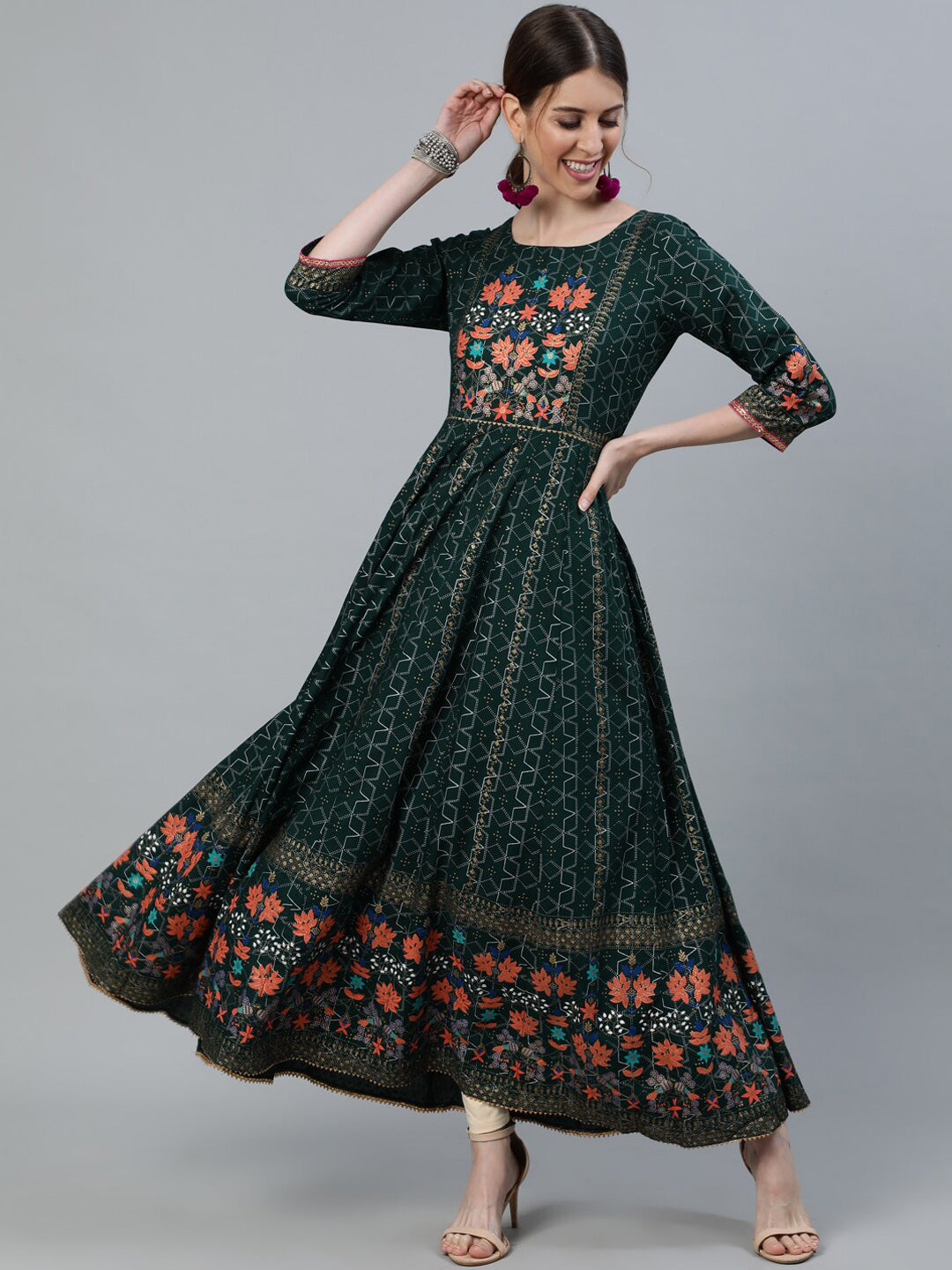 Jaipur Kurti Women Green Geometric Printed Anarkali Kurta - Distacart