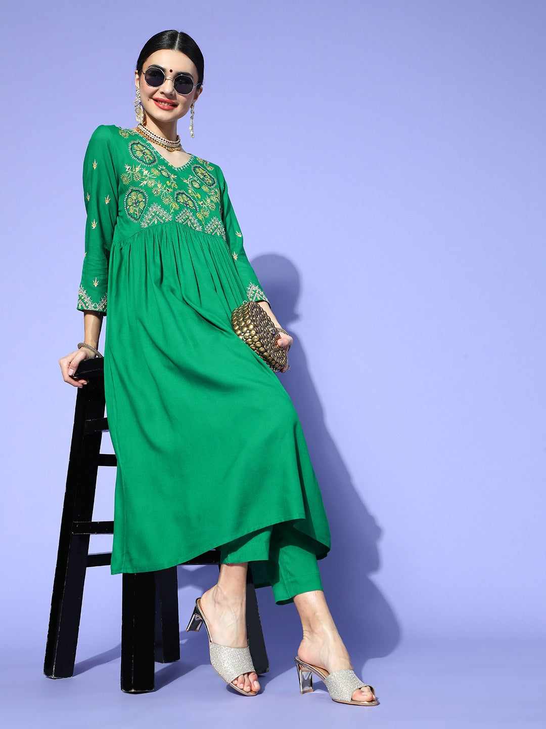 Sangria Women Green Yoke Design Empire Kurta with Trousers - Distacart