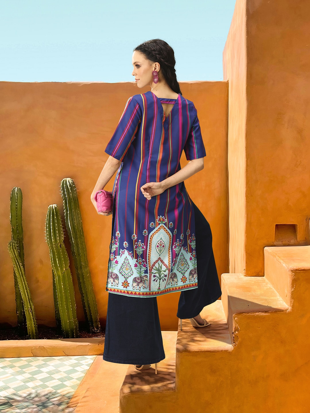 Sangria Striped & Printed Detail Kurta - Distacart
