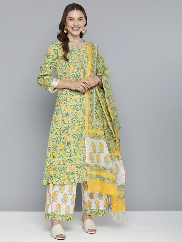 HERE&NOW Floral Printed Regular Pure Cotton Kurta with Palazzos & With Dupatta - Distacart