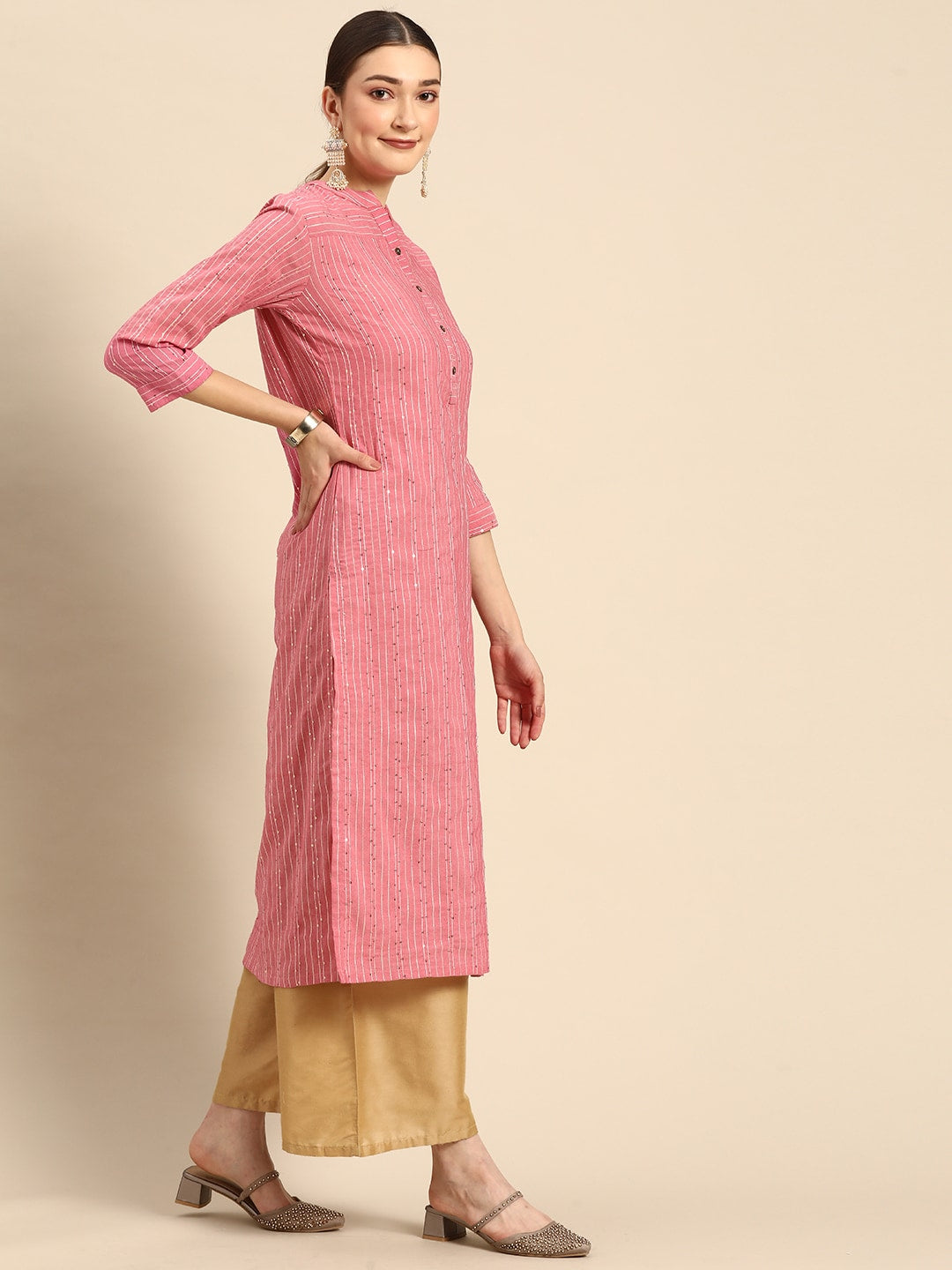 Sangria Women Peach-Coloured & White Striped Mandarin Collar Kurta - Distacart