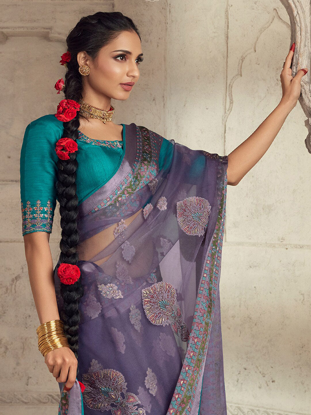 Mitera Violet & Blue Ethnic Motifs Printed Brasso Saree - Distacart