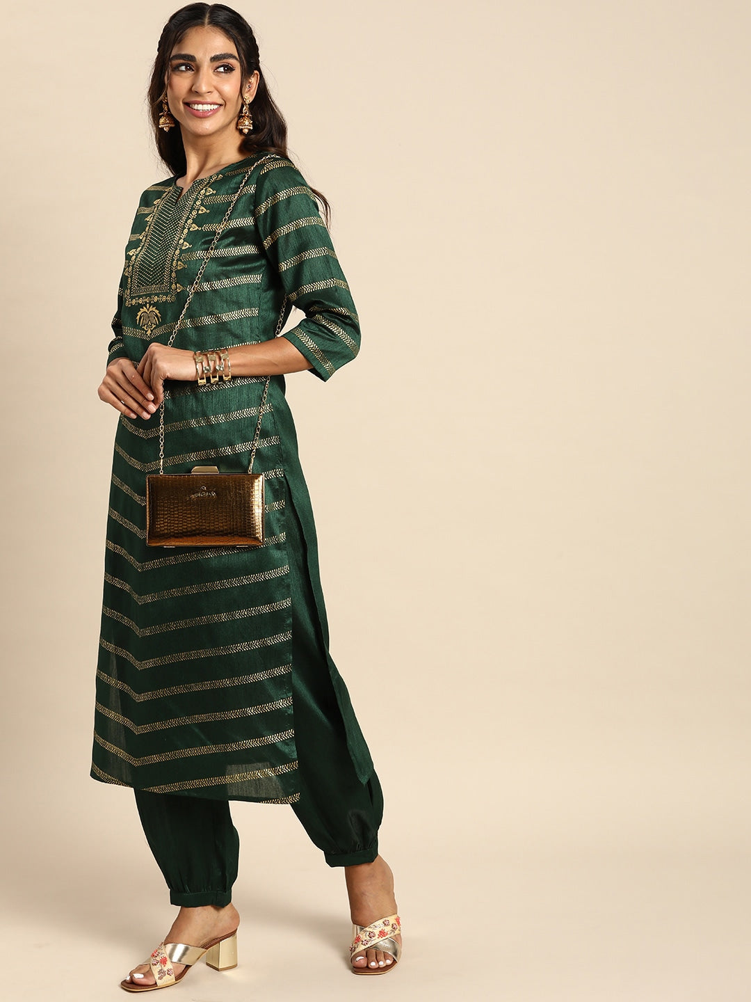 Sangria Women Green & Gold- Toned Ethnic Motifs Printed Kurta with Salwar - Distacart