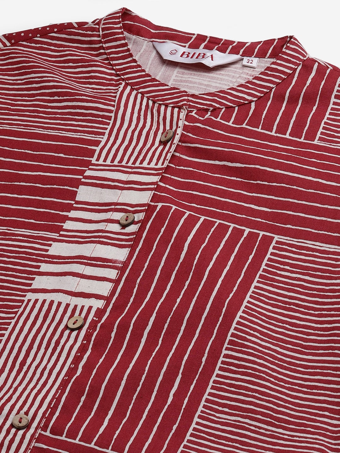 Biba Women Maroon & Off-White Striped Kurta with Trousers - Distacart