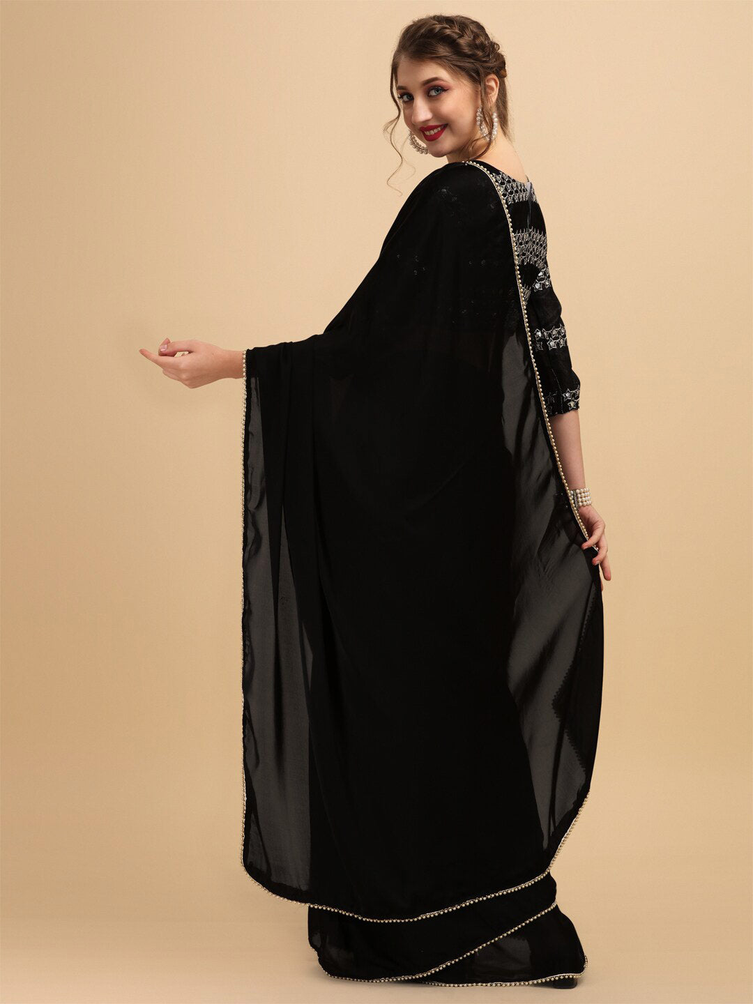 Sangria Pearl Border Detail Saree With Embroidered Blouse - Distacart