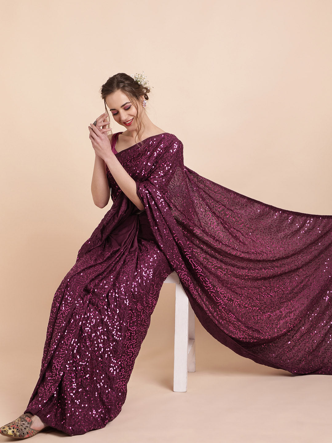 Sangria Burgundy Embellished Sequinned Pure Georgette Saree - Distacart