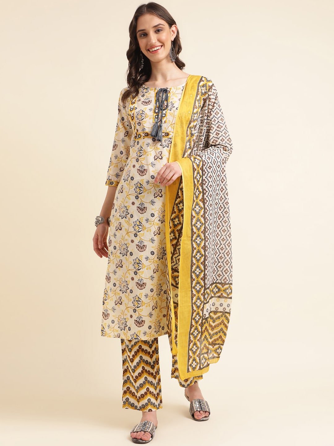 Sangria Beige Floral Printed Mirror Work Pure Cotton Kurta With Trousers & Dupatta - Distacart