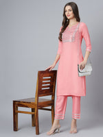 Thumbnail for Khushal K Women Pink Yoke Design Embroirdered Kurta with Trousers - Distacart