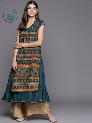 Biba Women Teal Ethnic Motifs Printed Kurta with Mask - Distacart